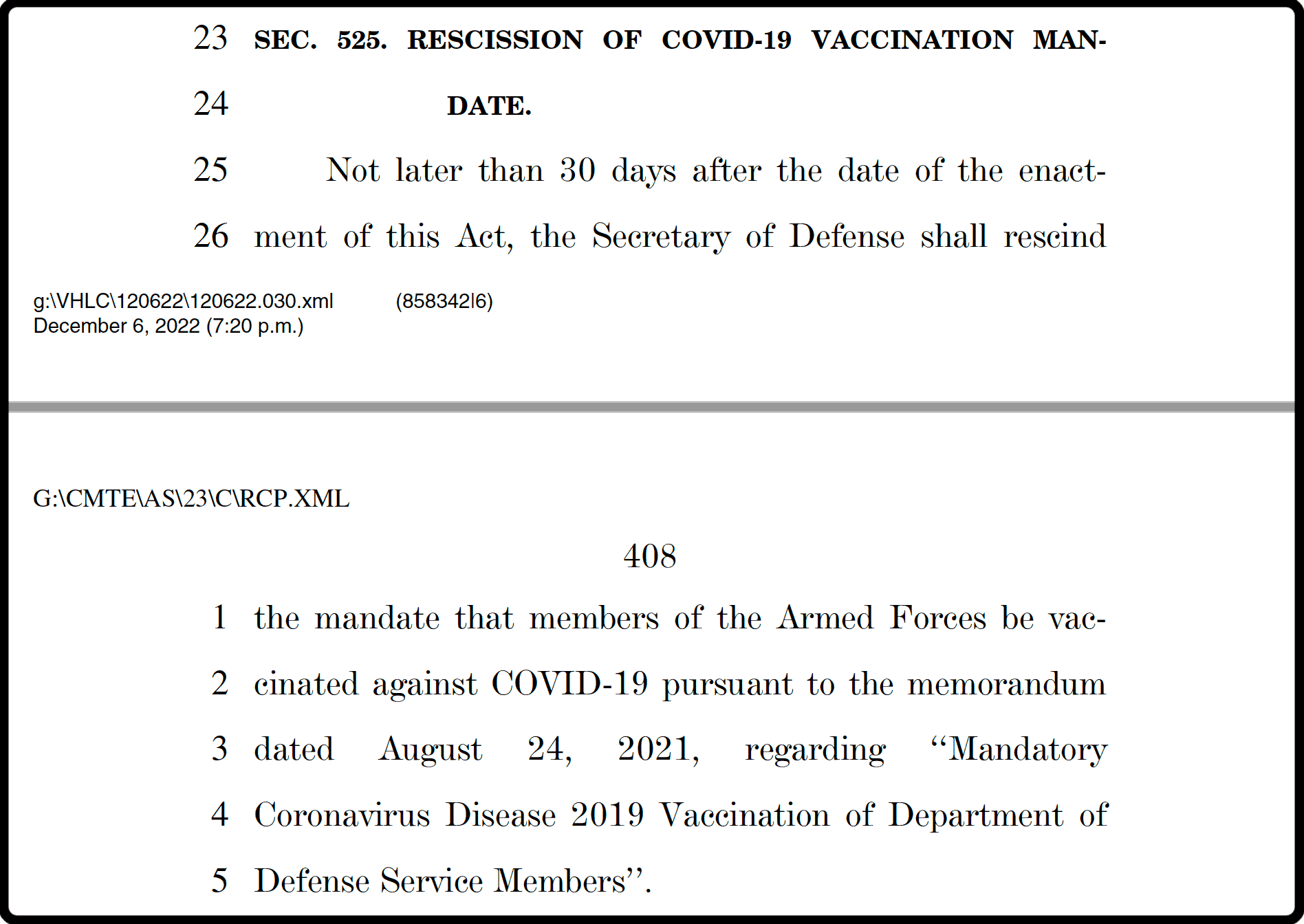 Sec. 525 Rescission of COVID-19 Vaccination Mandate